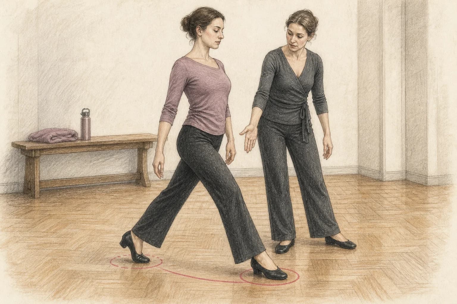 Illustrazione di un'insegnante che fa distinguere appoggio, cambio di peso e footwork durante una prova lenta