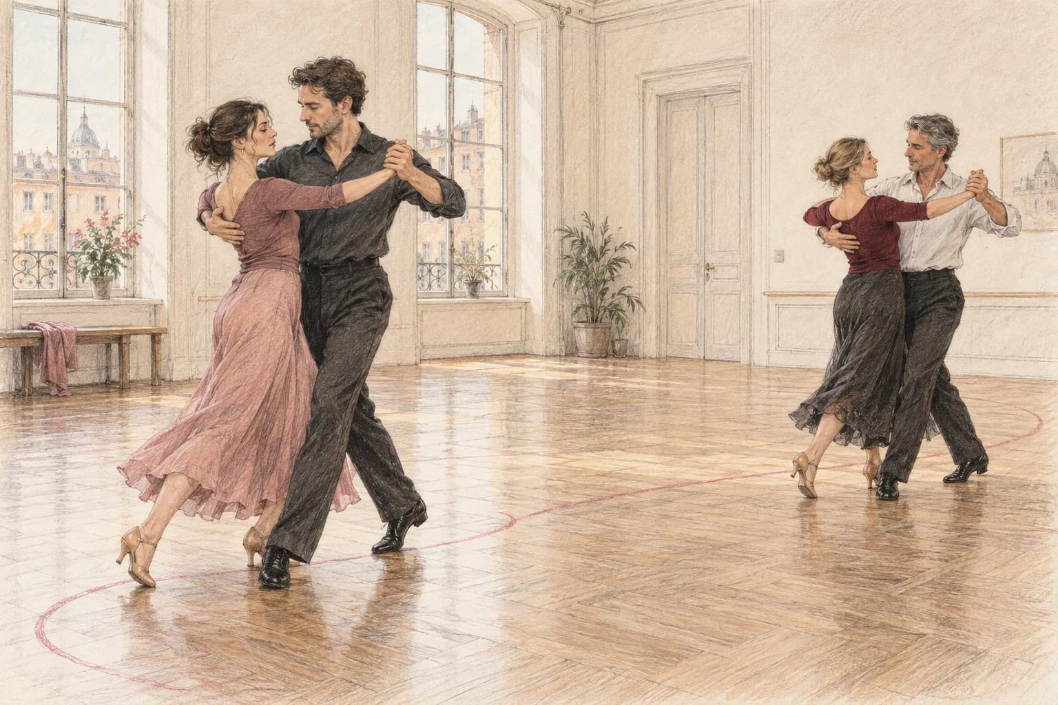 Illustrazione di due coppie ben distanziate che condividono una sala con una traiettoria ordinata