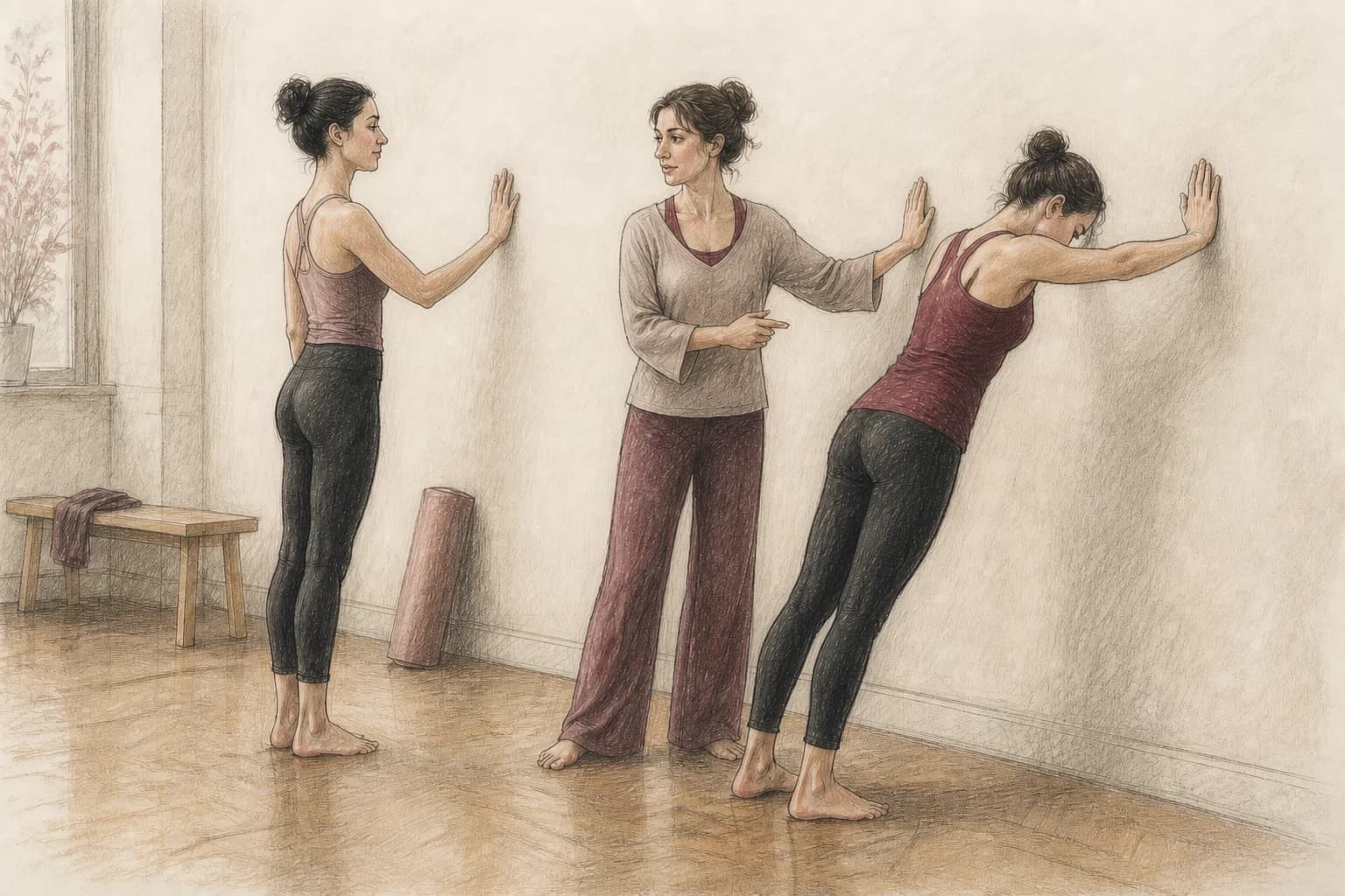 Illustrazione di una donna che confronta appoggio leggero e pressione eccessiva contro una parete