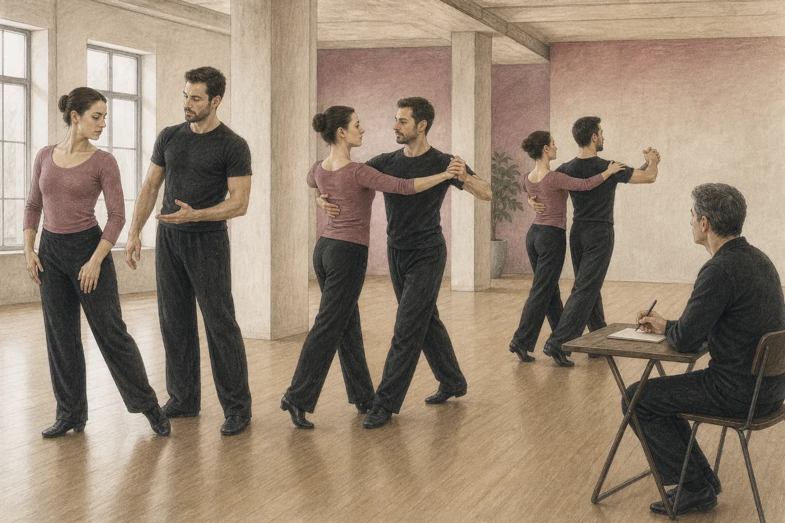 Illustrazione di un percorso in sala che passa da valutazione individuale a pratica di coppia e simulazione facoltativa di gara
