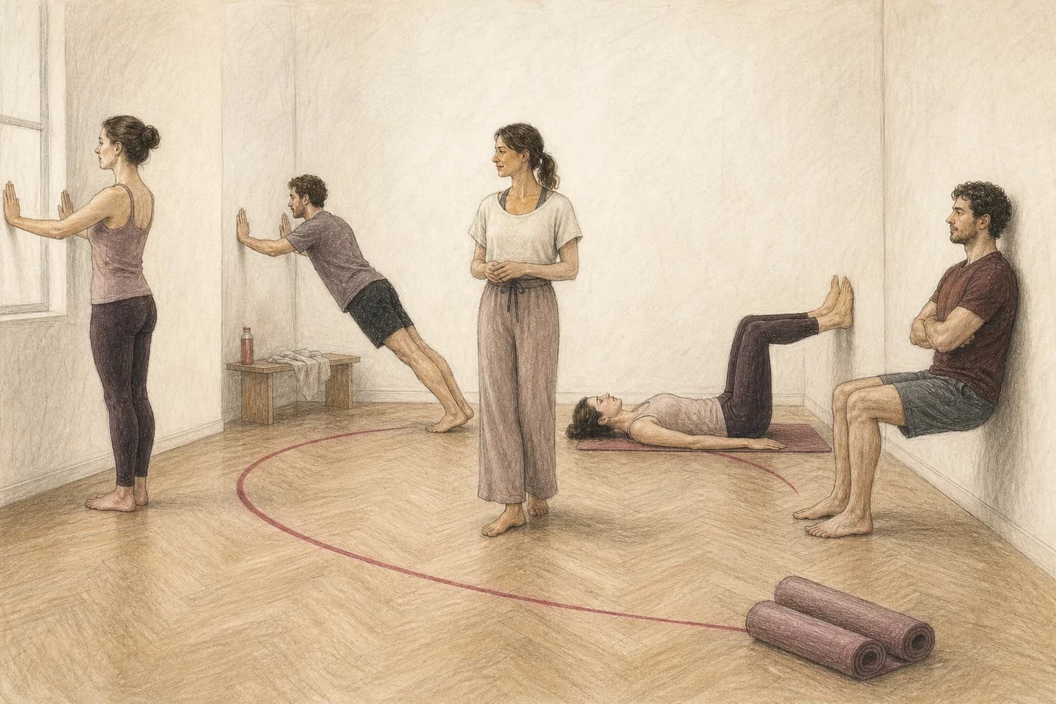Illustrazione di tre momenti continui di una lezione con esercizi in piedi, inclinati e a terra vicino alla parete