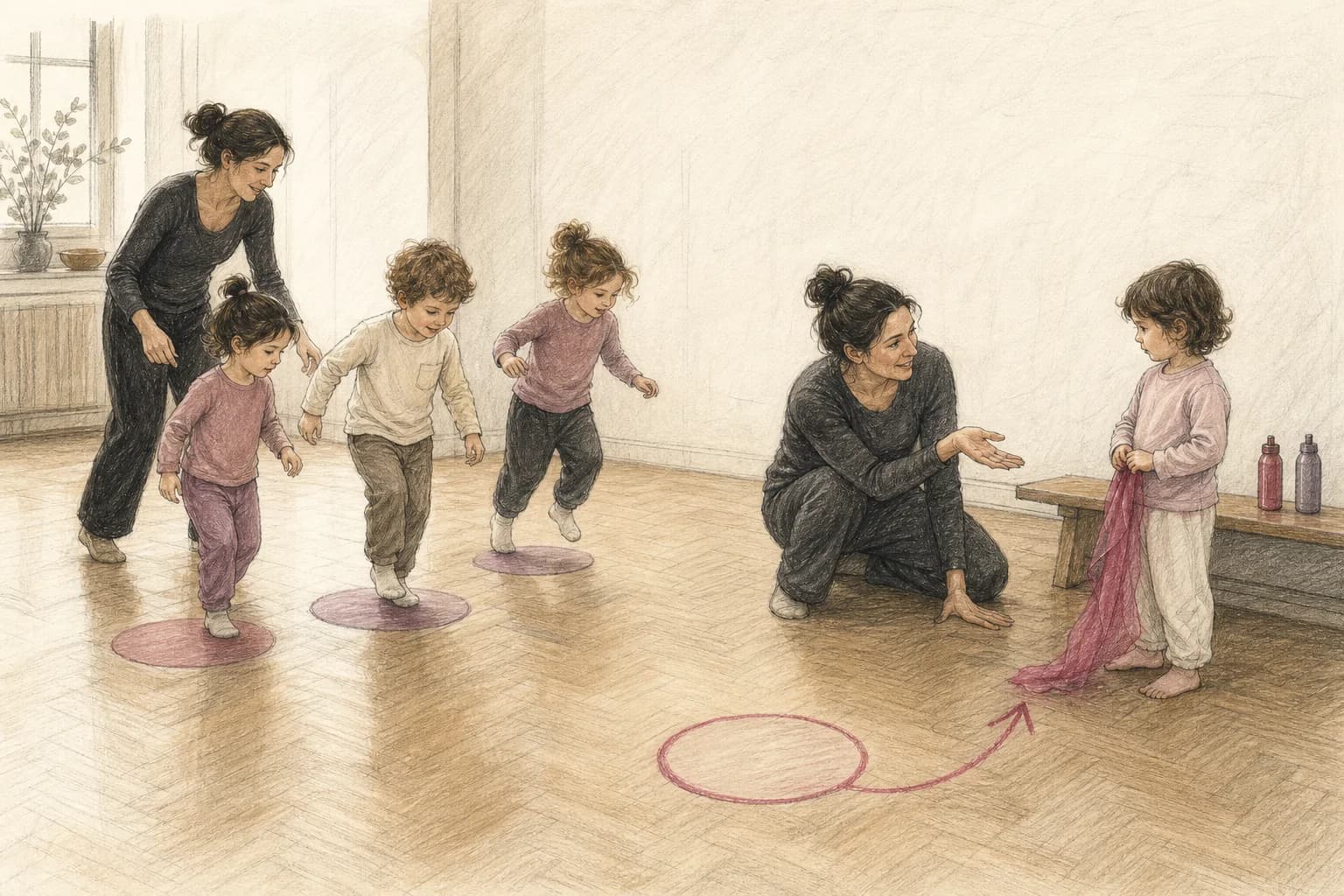 Illustrazione di un’insegnante che accoglie una bambina titubante mentre il piccolo gruppo continua un gioco ritmico