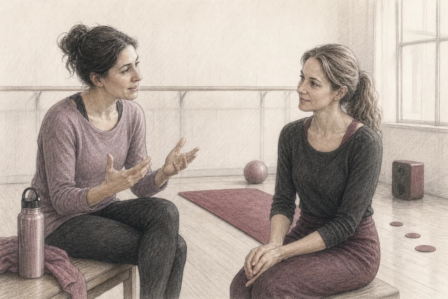 Illustrazione di una partecipante che riflette con l’insegnante dopo aver provato Pilates e Zumba