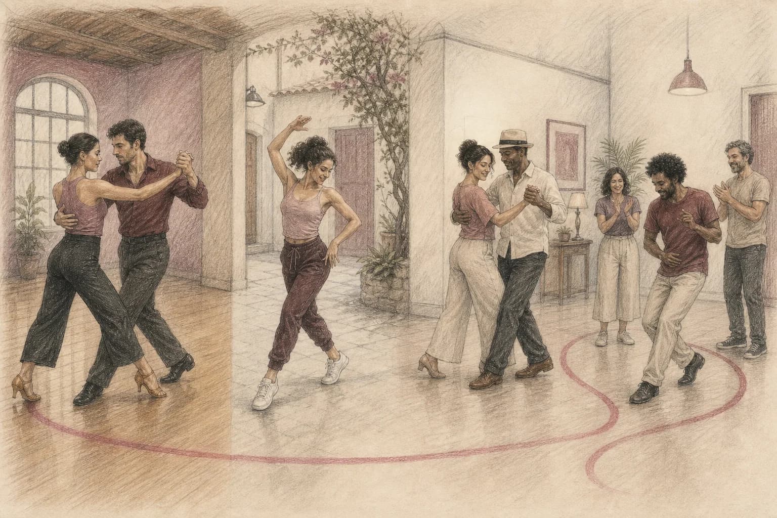 Illustrazione di quattro contesti distinti: coppia sportiva, samba no pé, Gafieira e roda comunitaria