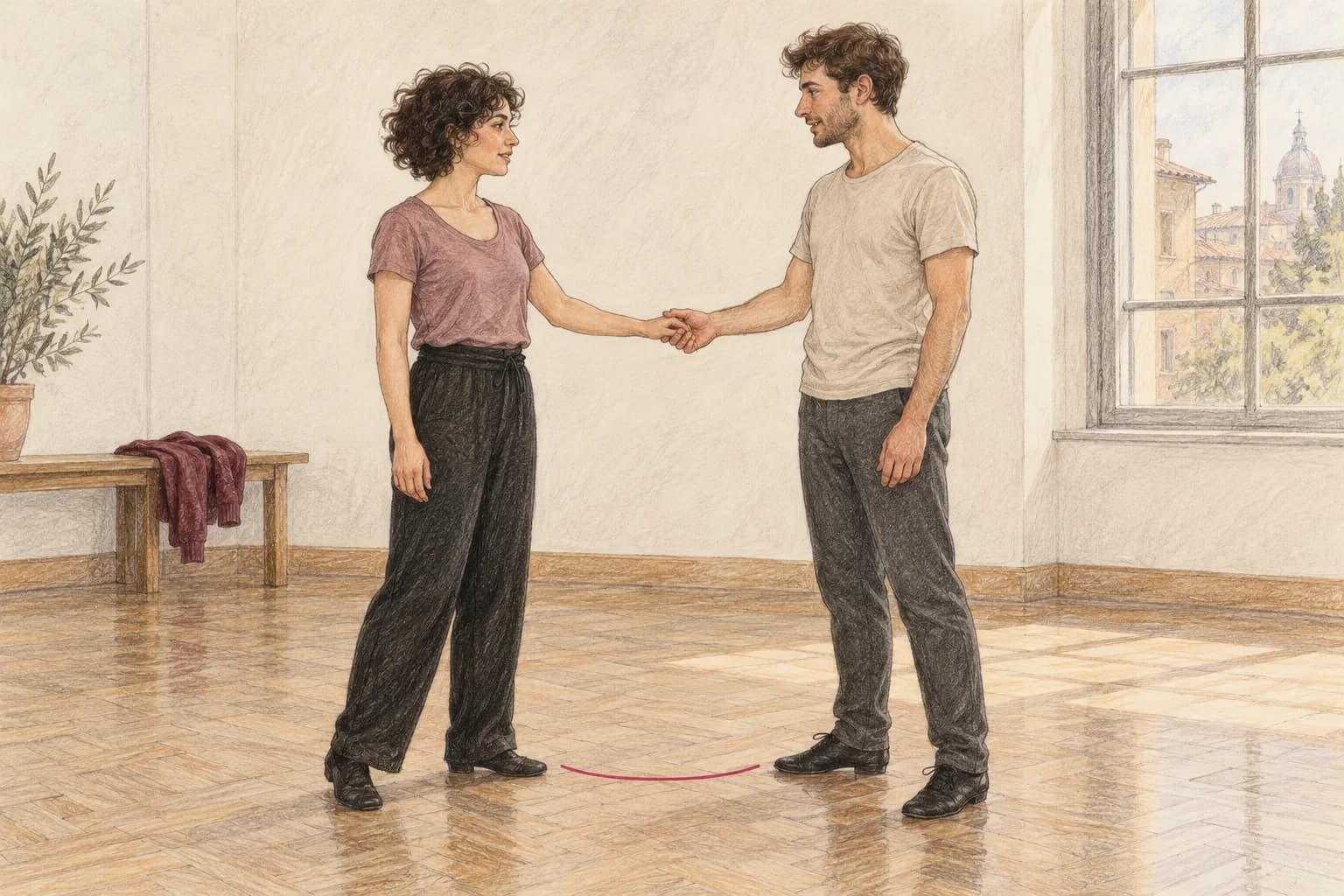 Illustrazione di una coppia che concorda una distanza comoda mantenendo una presa leggera delle mani