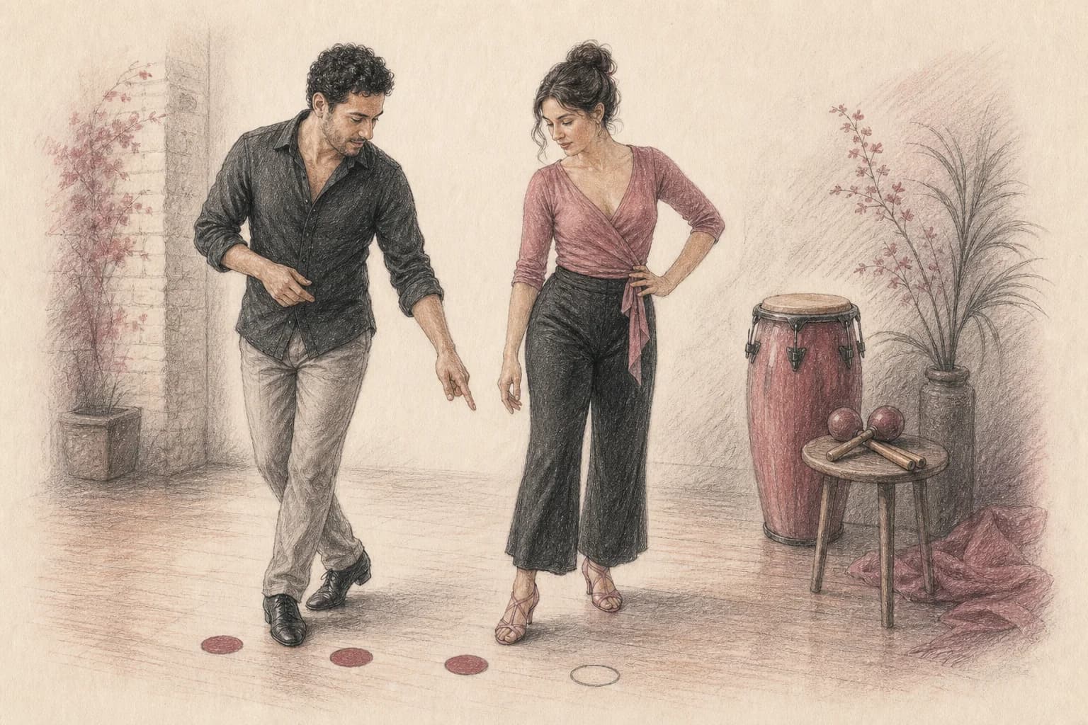 Illustrazione di un’insegnante che spiega il timing della Salsa con passi e strumenti a percussione