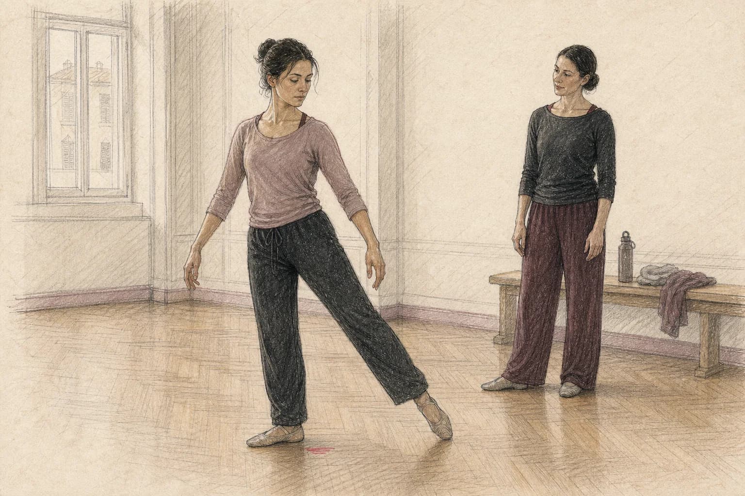 Illustrazione di una ballerina che prova trasferimenti di peso mantenendo respiro e allineamento