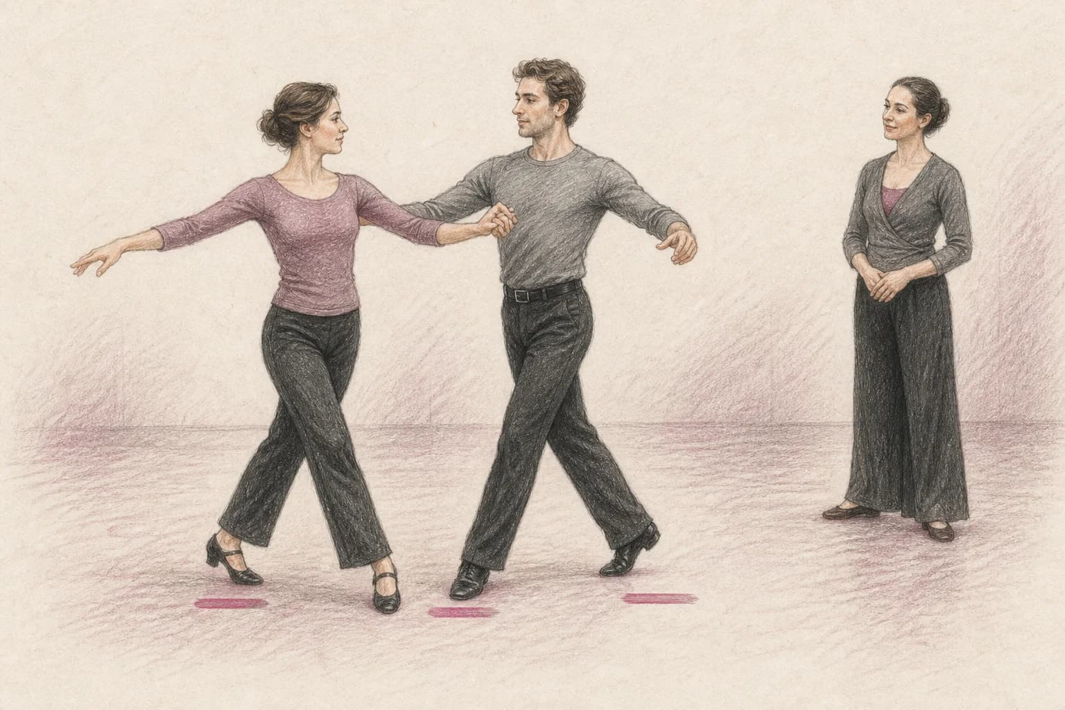 Illustrazione di una coppia che prova un chassé di Quickstep compatto senza perdere il frame