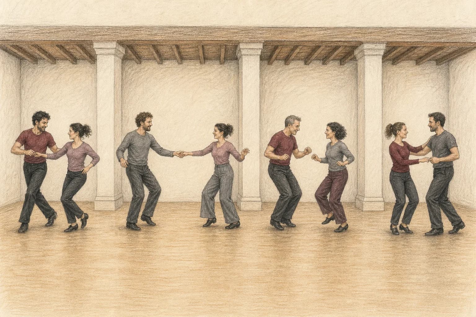 Illustrazione di una piccola mappa di sala che separa Jive, Lindy Hop, Boogie Woogie e Rockabilly Jive