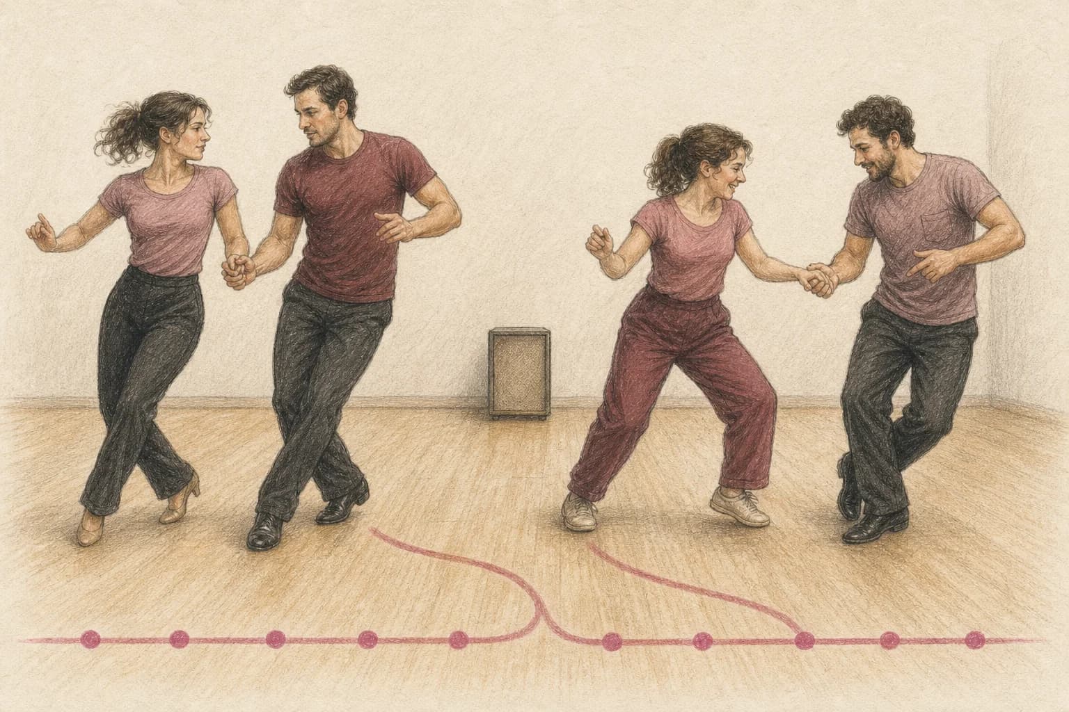 Illustrazione di due coppie che provano lo stesso brano con chassé di Jive e interpretazione Boogie Woogie