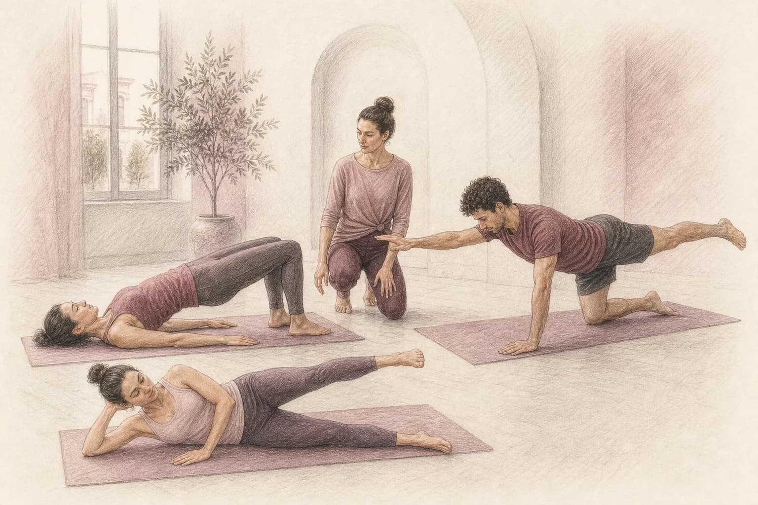 Illustrazione di una piccola classe Pilates Matwork con ponte, lavoro sul fianco ed equilibrio in quadrupedia