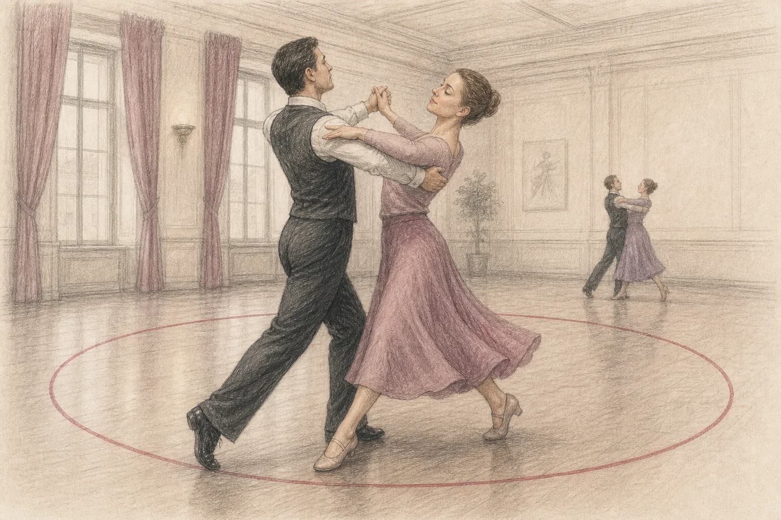 Illustrazione di una coppia che prova una rotazione viennese compatta mantenendo una traiettoria regolare