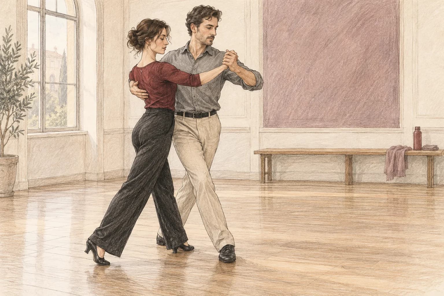 Illustrazione di una coppia che prova un movimento corto con una presa comoda e spazio libero davanti