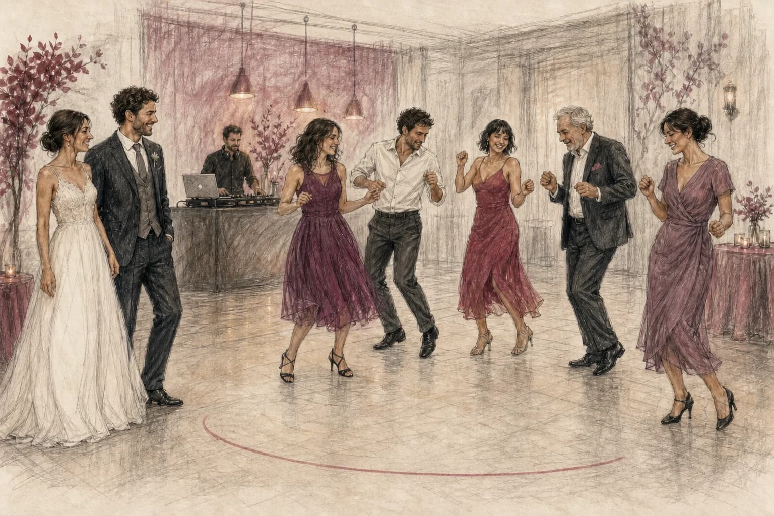 Illustrazione di un piccolo gruppo di amici che entra per primo in pista mentre la coppia li accoglie senza restare al centro