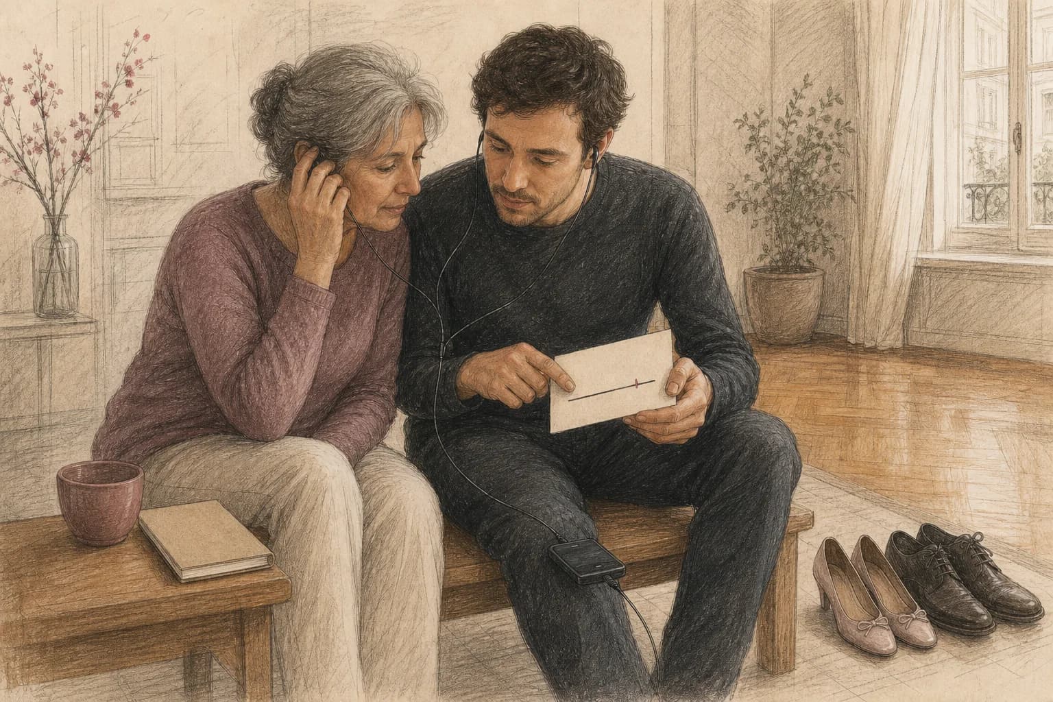 Illustrazione di madre e figlio adulti che ascoltano un brano seduti vicini e segnano con calma il punto in cui vorrebbero iniziare