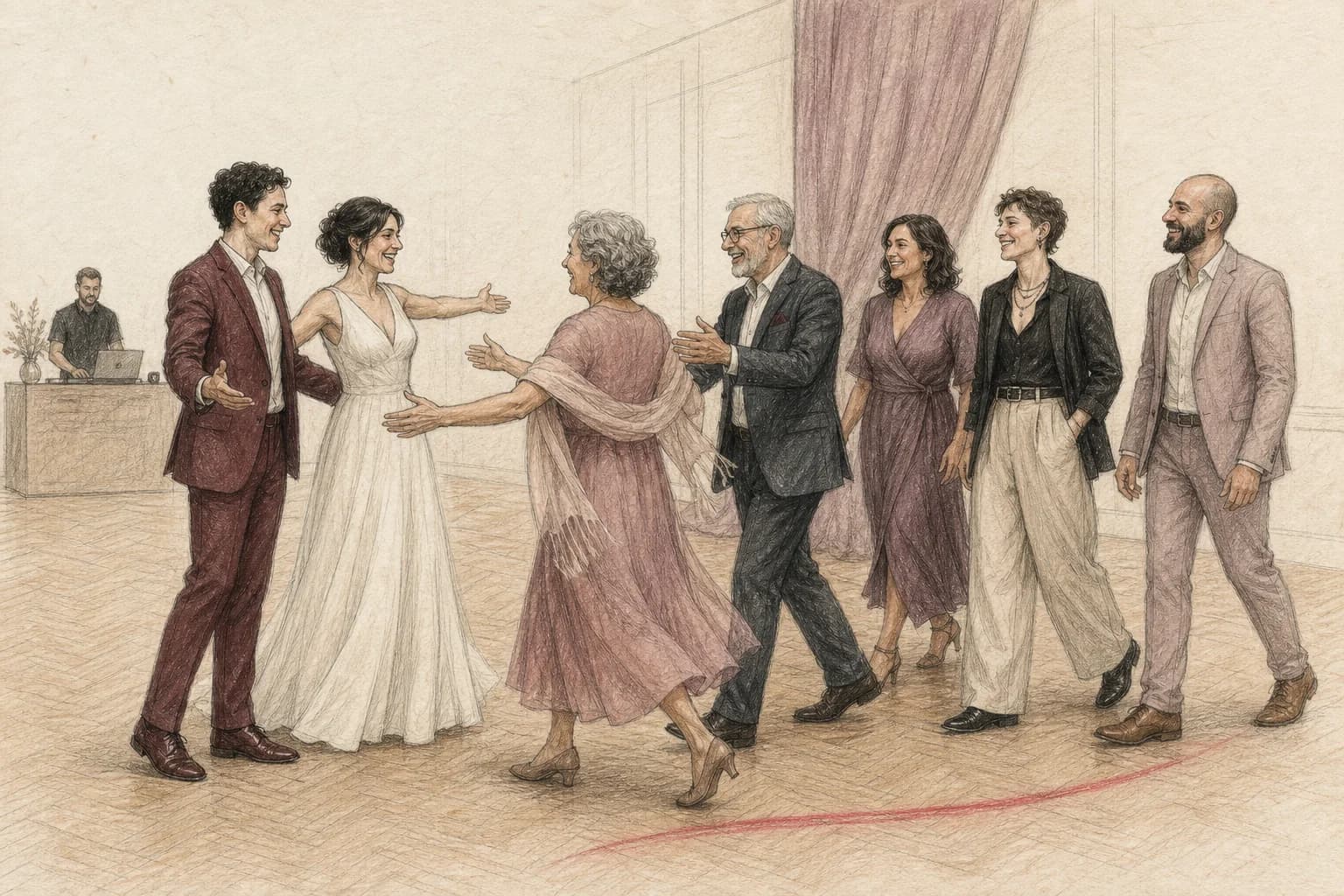 Illustrazione della coppia che apre il proprio ballo a genitori, fratelli, amici e persone care senza coppie prestabilite