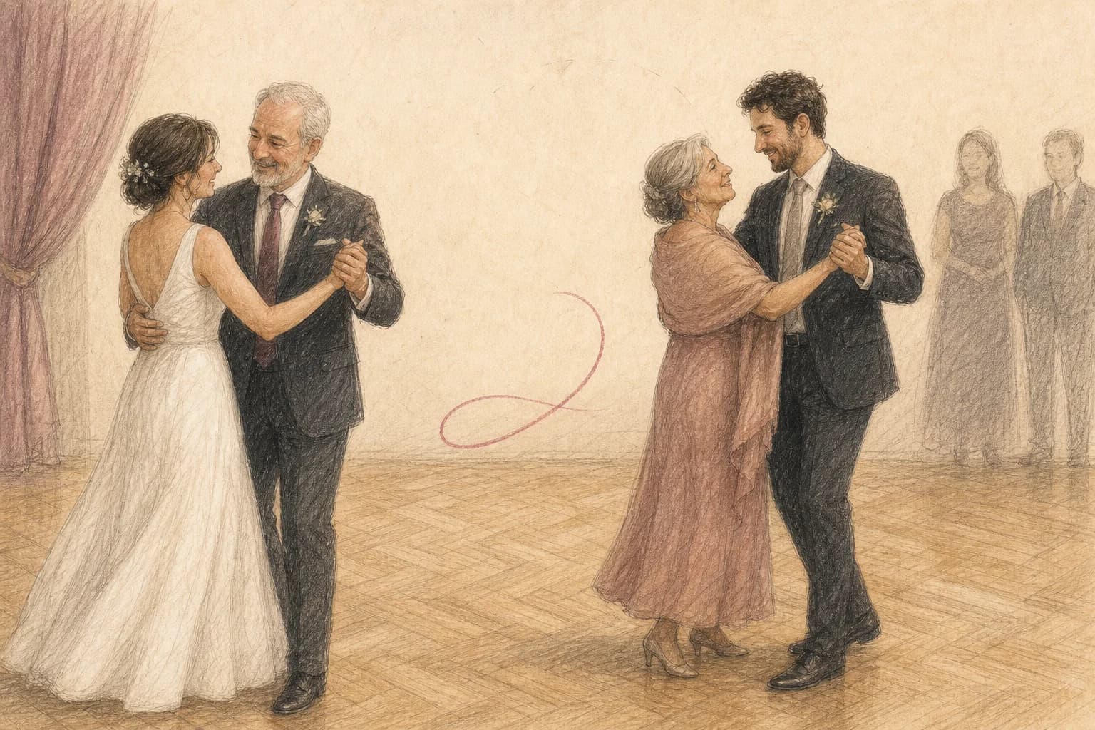 Illustrazione di quattro persone adulte che provano un unico brano in due coppie familiari mantenendo spazio e orientamento comodi