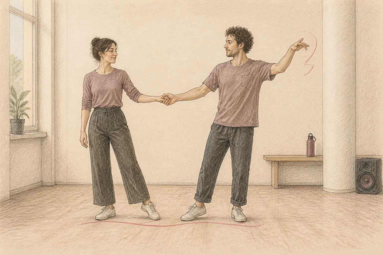 Illustrazione di una coppia che mantiene una base condivisa mentre il partner più esperto aggiunge un piccolo accento autonomo