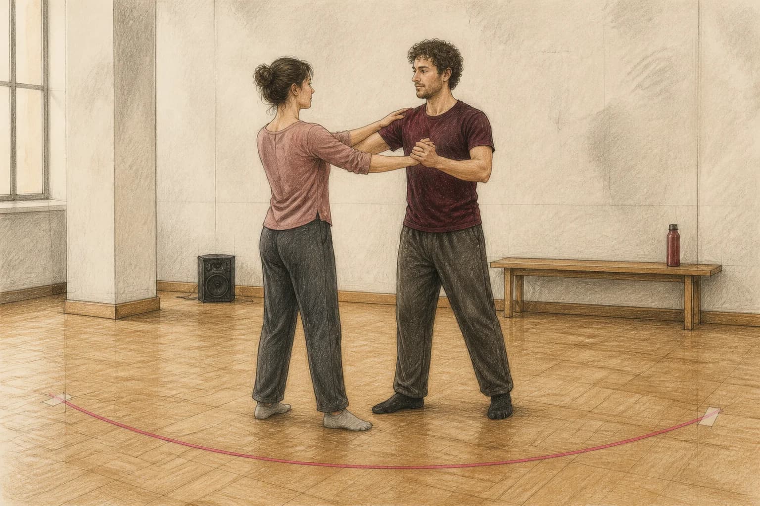 Illustrazione di una coppia che torna a un movimento base stabile tra due momenti preparati del primo ballo