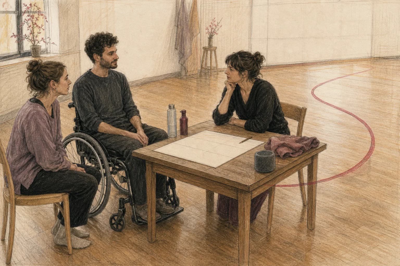 Illustrazione di una coppia e un’insegnante che compilano insieme una carta di movimento con una carrozzina accanto, senza toccarla