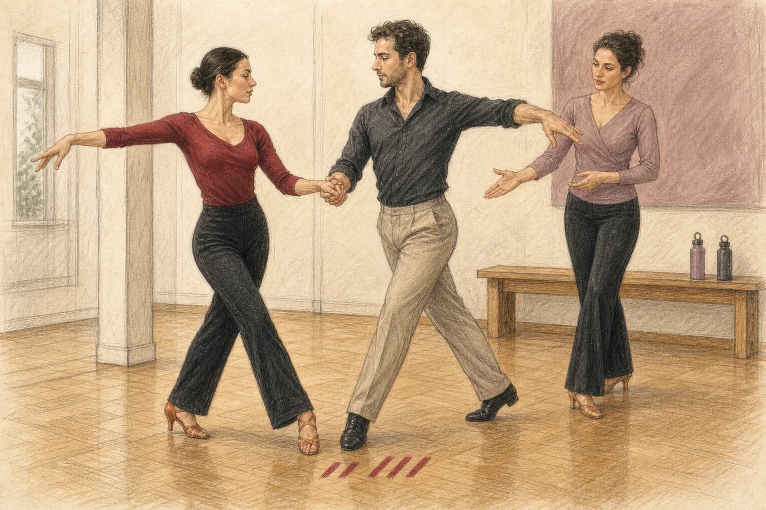 Illustrazione di una coppia che prova il Cha-Cha-Cha International con un’insegnante