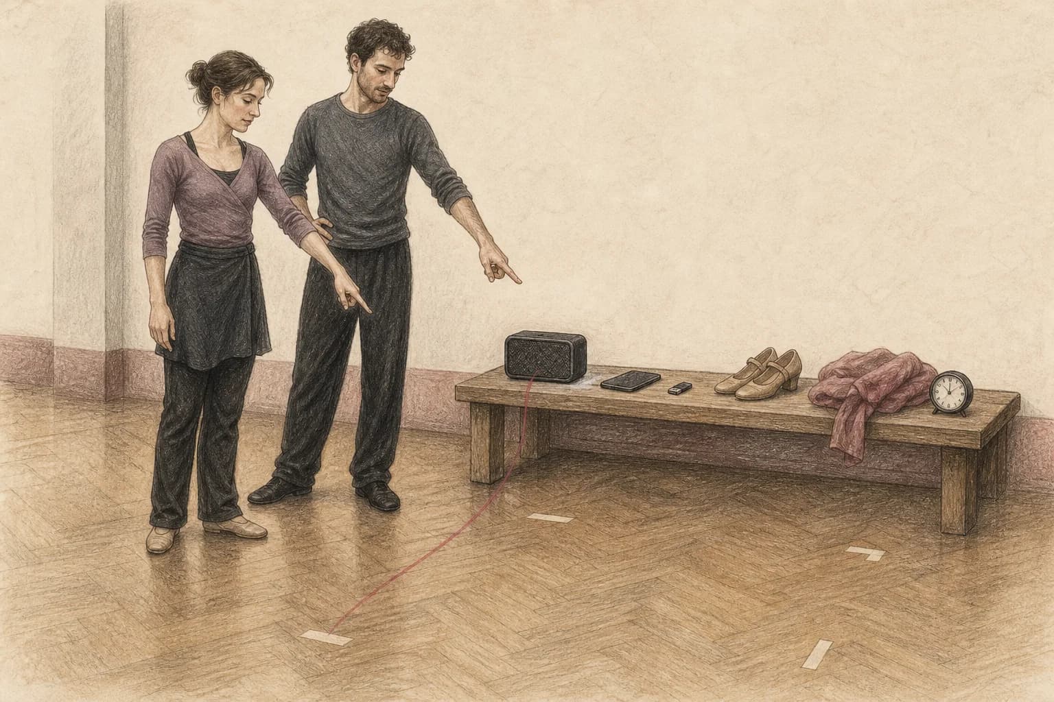 Illustrazione di una coppia che controlla file audio, scarpe e spazio nella prova finale