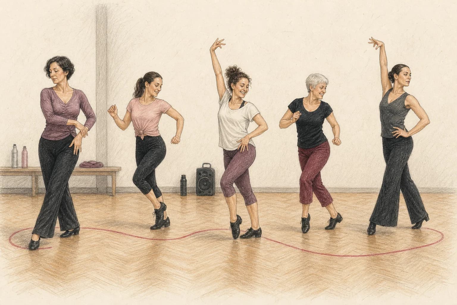 Illustrazione di cinque qualità di movimento esplorate durante una lezione Latin Solo