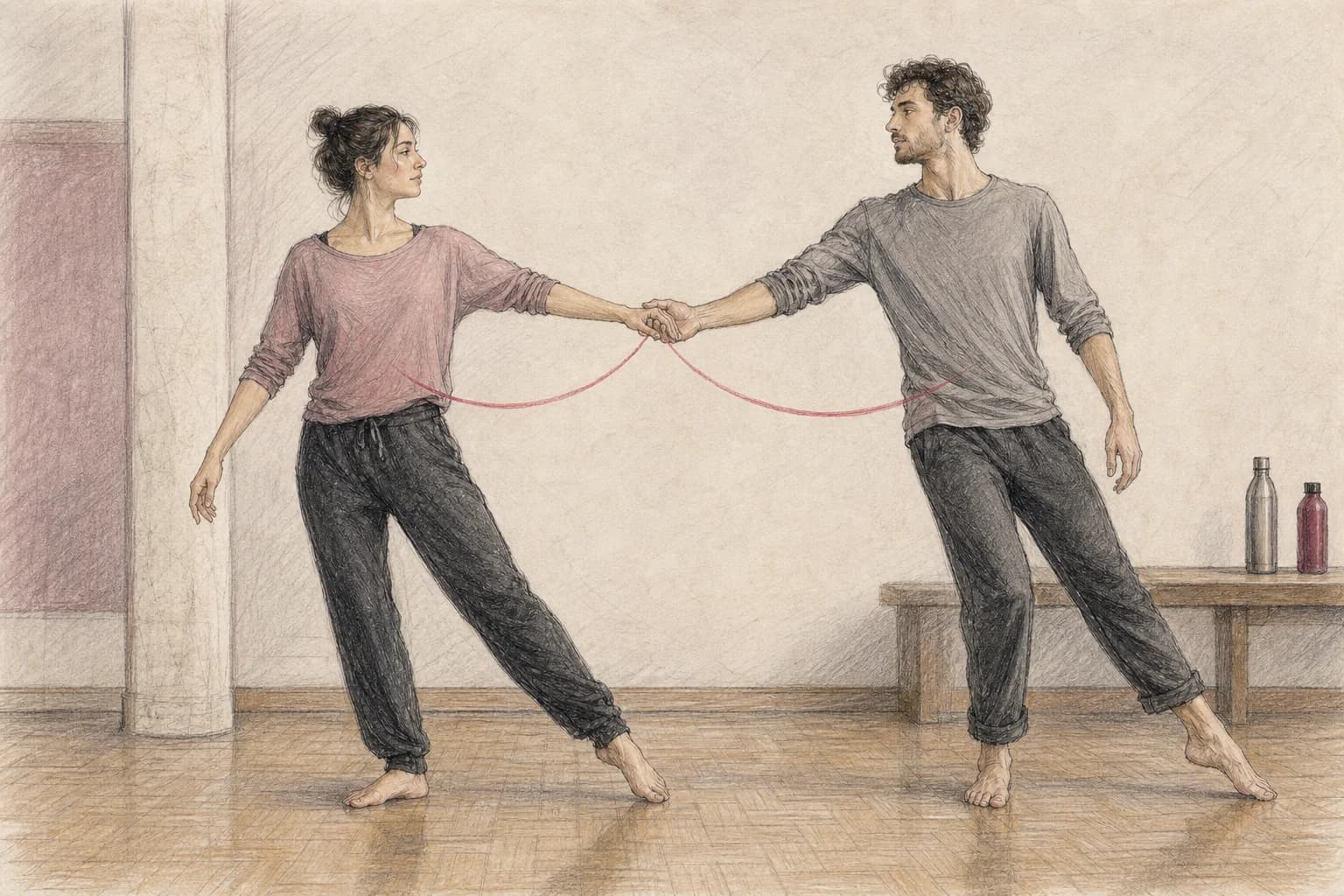 Illustrazione di due ballerini che iniziano il movimento dal centro del corpo mentre le mani restano leggere