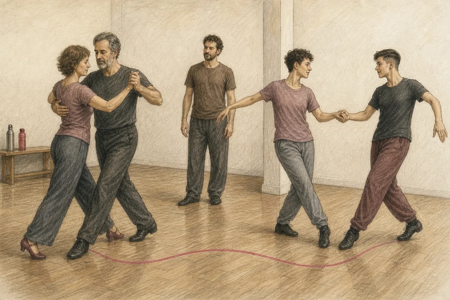 Illustrazione di due adulti che confrontano una presa continua e progressiva con una relazione più aperta e ritmica