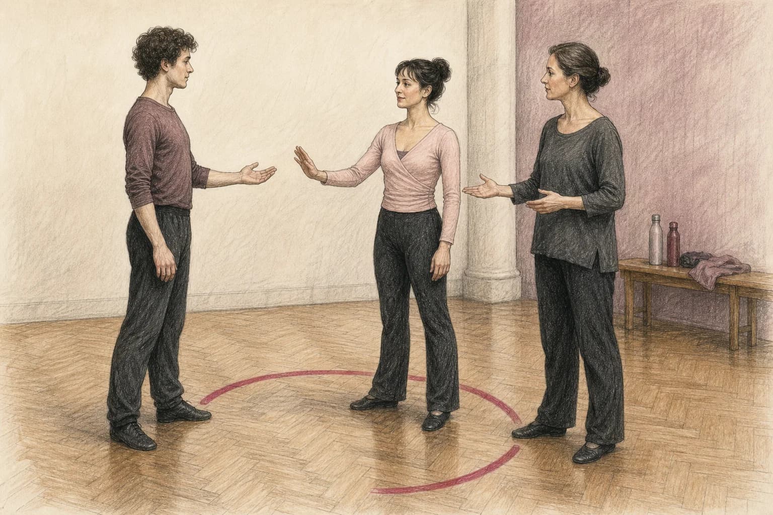 Illustrazione di due partner che concordano distanza e presa con l’insegnante prima di riprovare