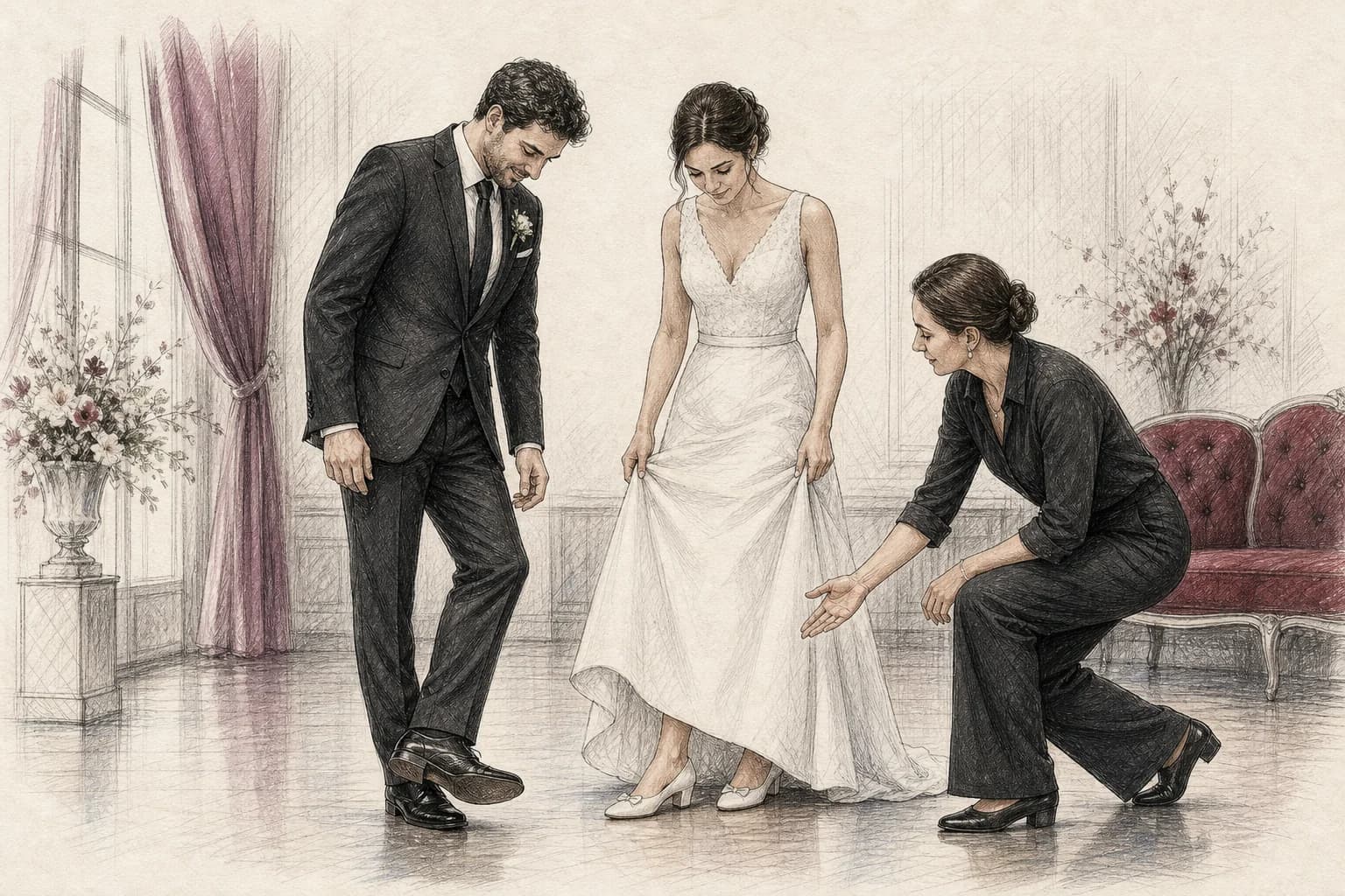 Illustrazione di una coppia che controlla con l’insegnante scarpe, orlo e zona libera prima di provare il finale