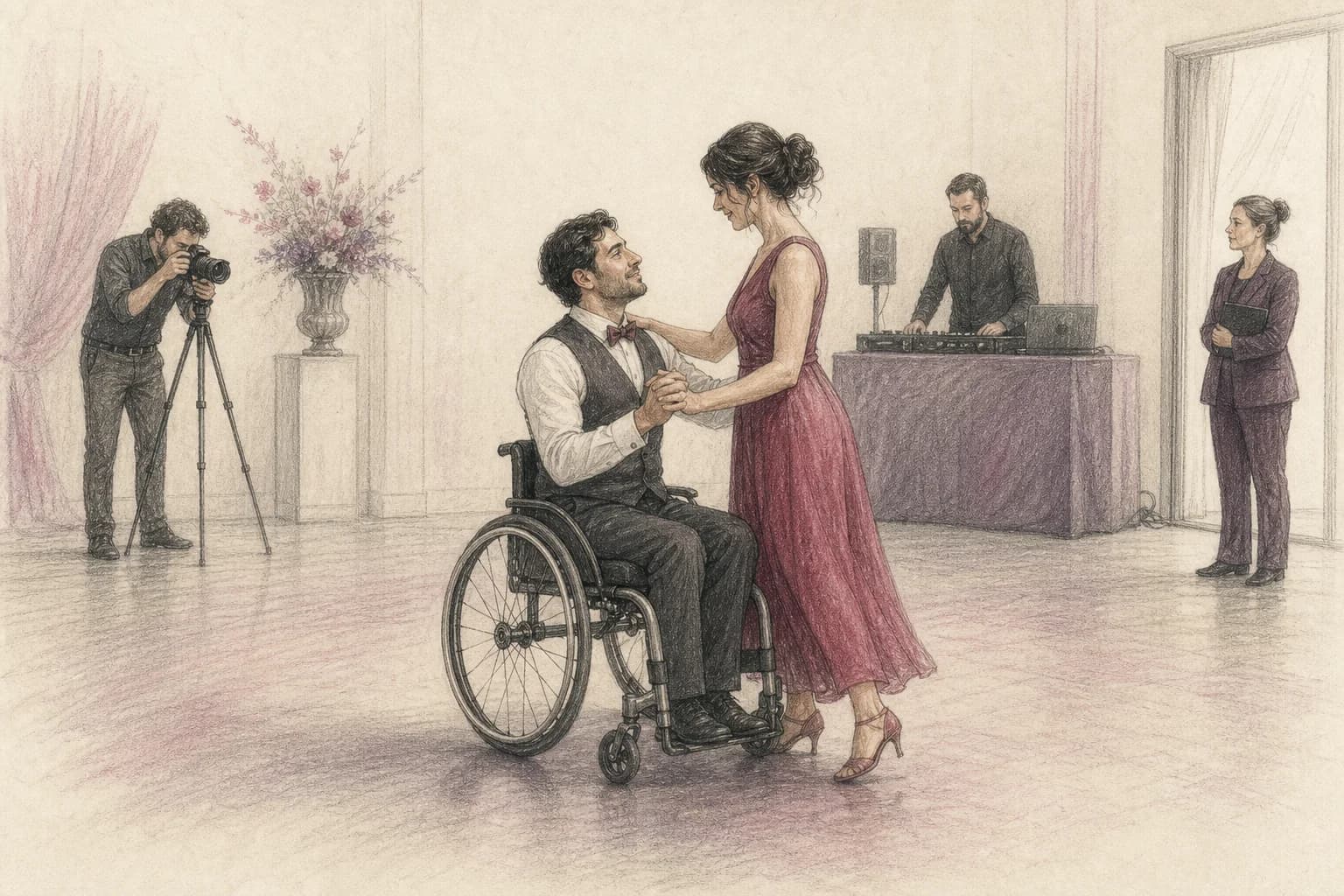 Illustrazione di una coppia che prova il finale mentre fotografo e DJ restano fuori dal percorso accessibile concordato