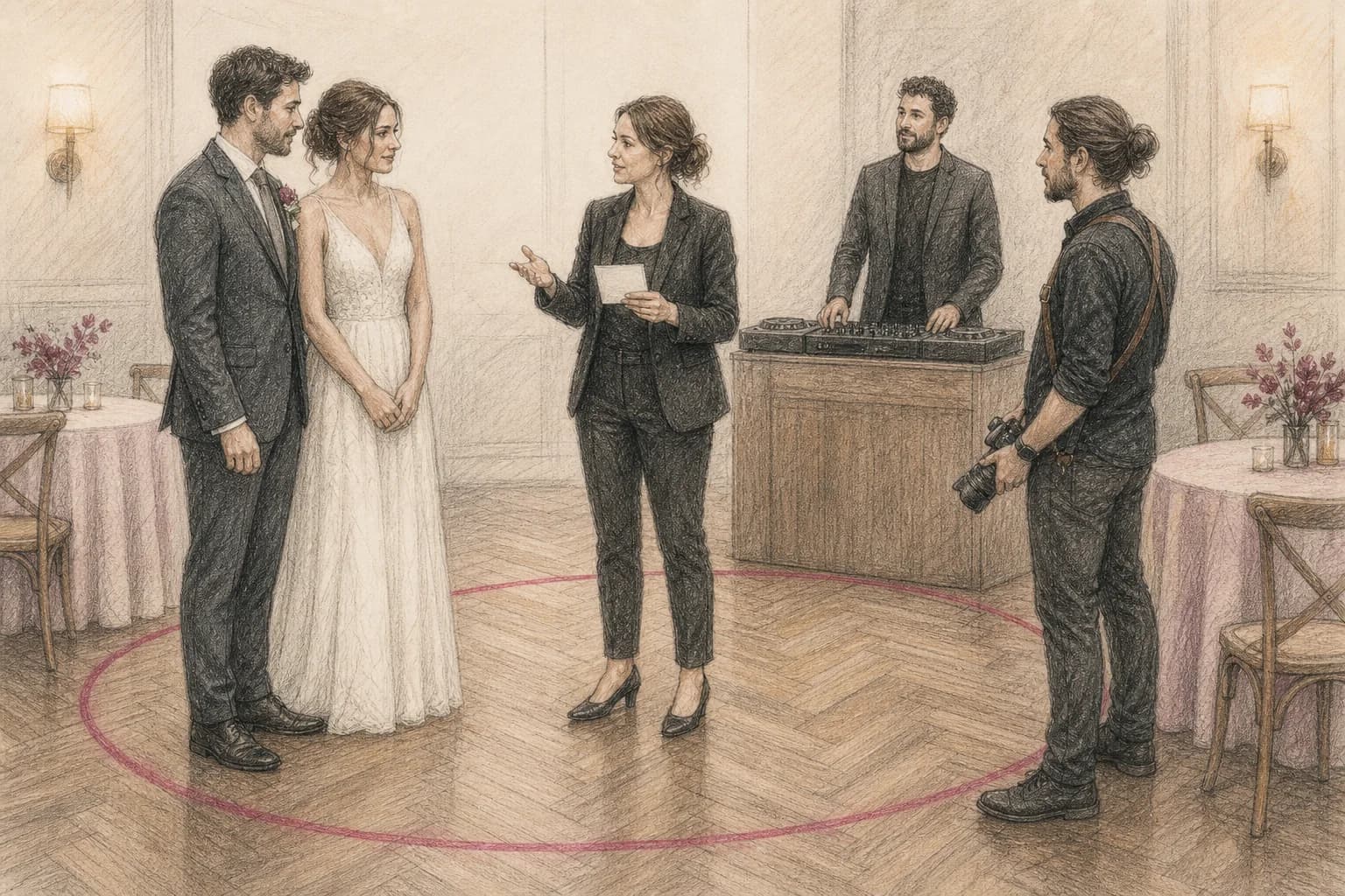 Illustrazione di una coordinatrice che riunisce DJ, fotografo e coppia prima del passaggio dalla cena alla pista