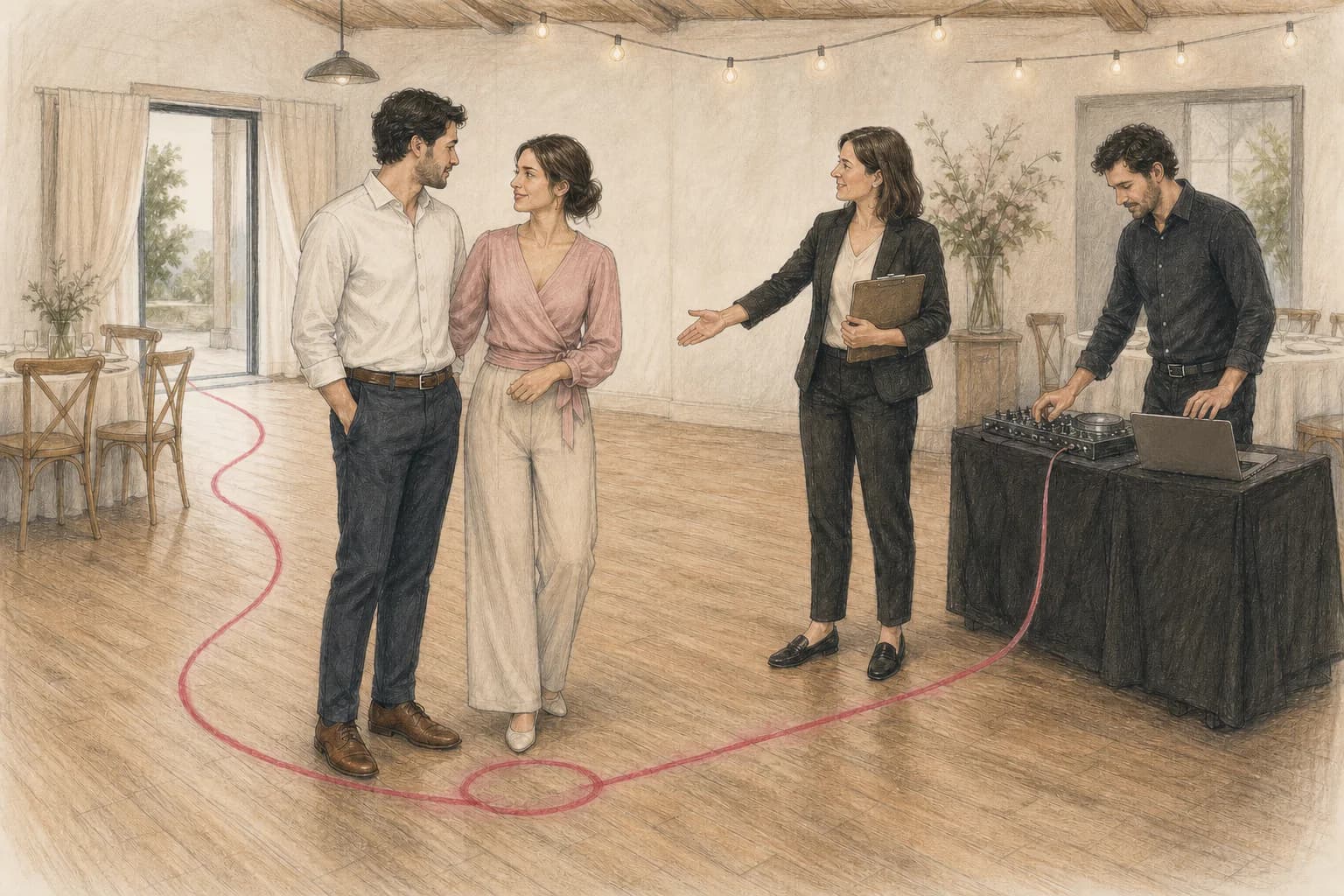 Illustrazione di futuri sposi che coordinano ingresso, pista e segnale musicale con wedding planner e DJ