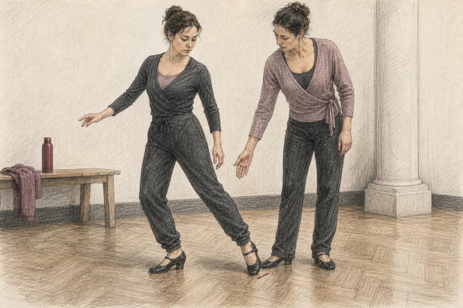 Illustrazione di un’insegnante che ferma una piccola sequenza per correggere l’appoggio di una principiante