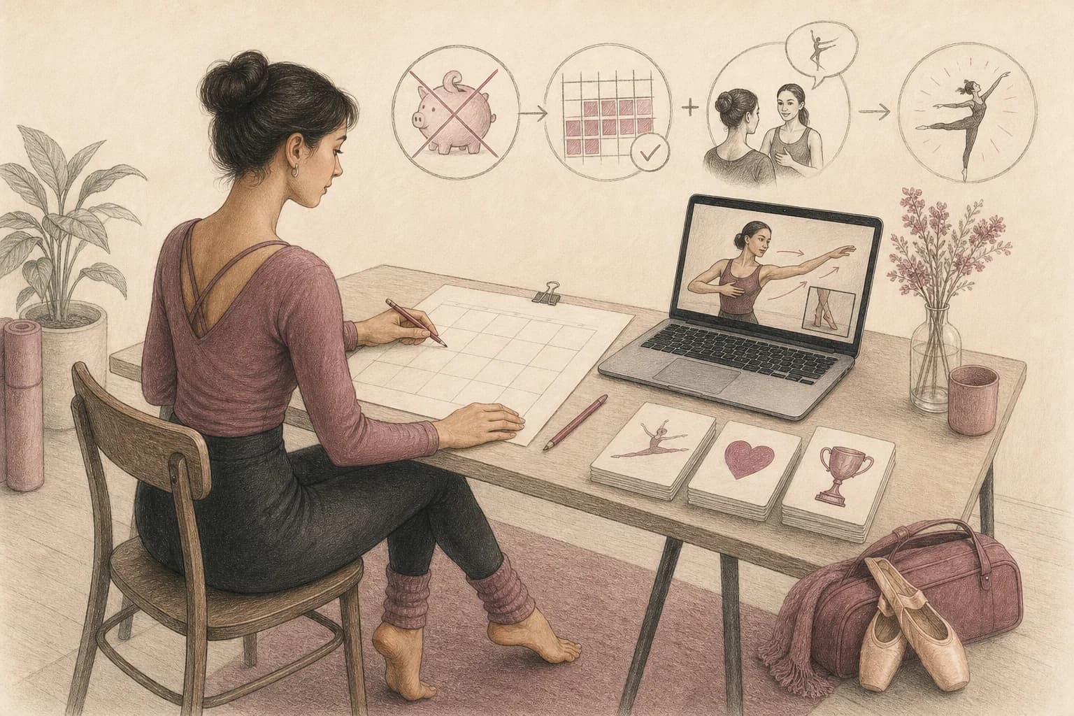 Illustrazione di una donna che annota sessioni utilizzate e correzioni ricevute durante un mese