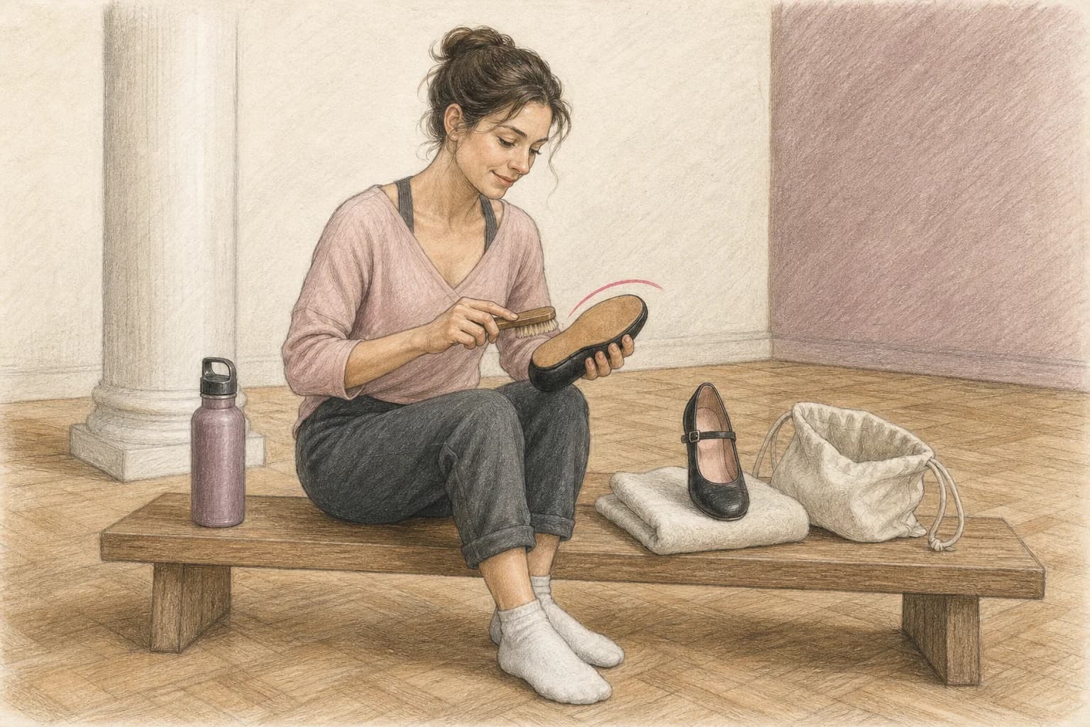 Illustrazione di una principiante che pulisce con attenzione la suola scamosciata e ripone le scarpe in una sacca traspirante