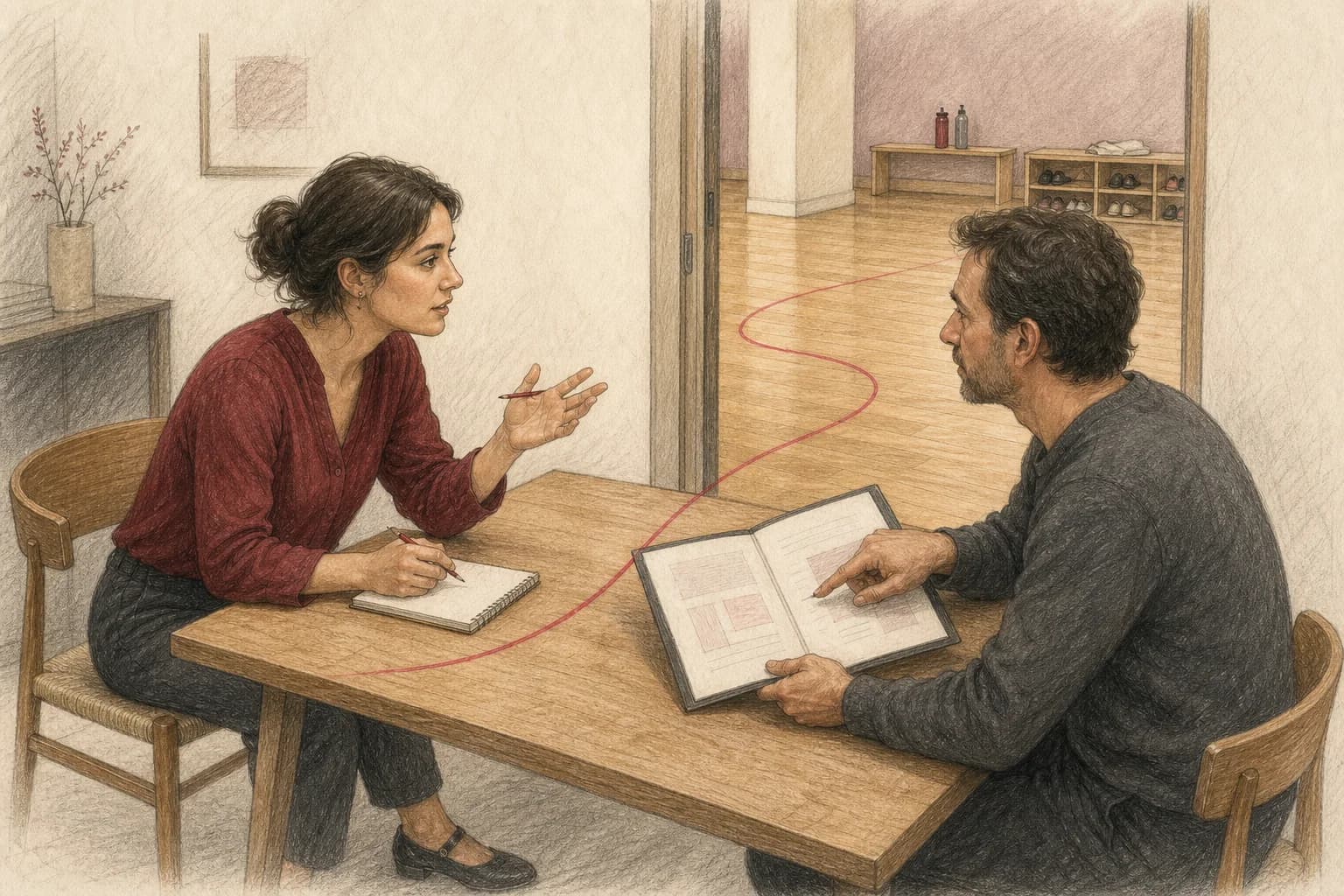 Illustrazione di una persona che pone domande concrete alla responsabile di una scuola prima della prova