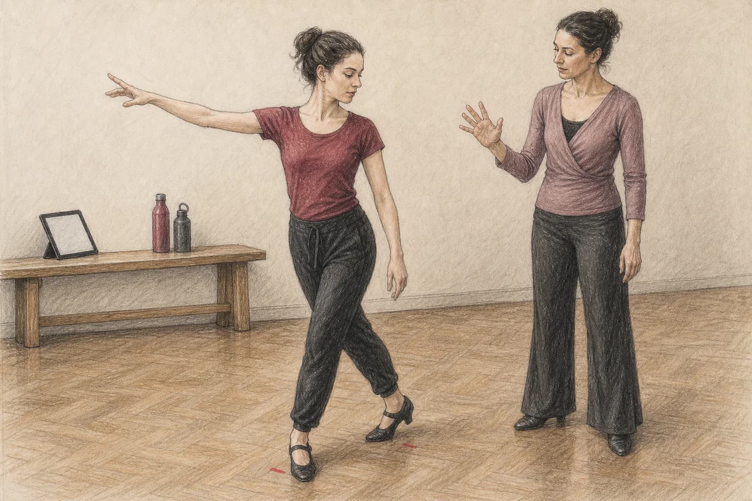 Illustrazione di una principiante che prova un solo movimento del braccio sopra un passo base compatto