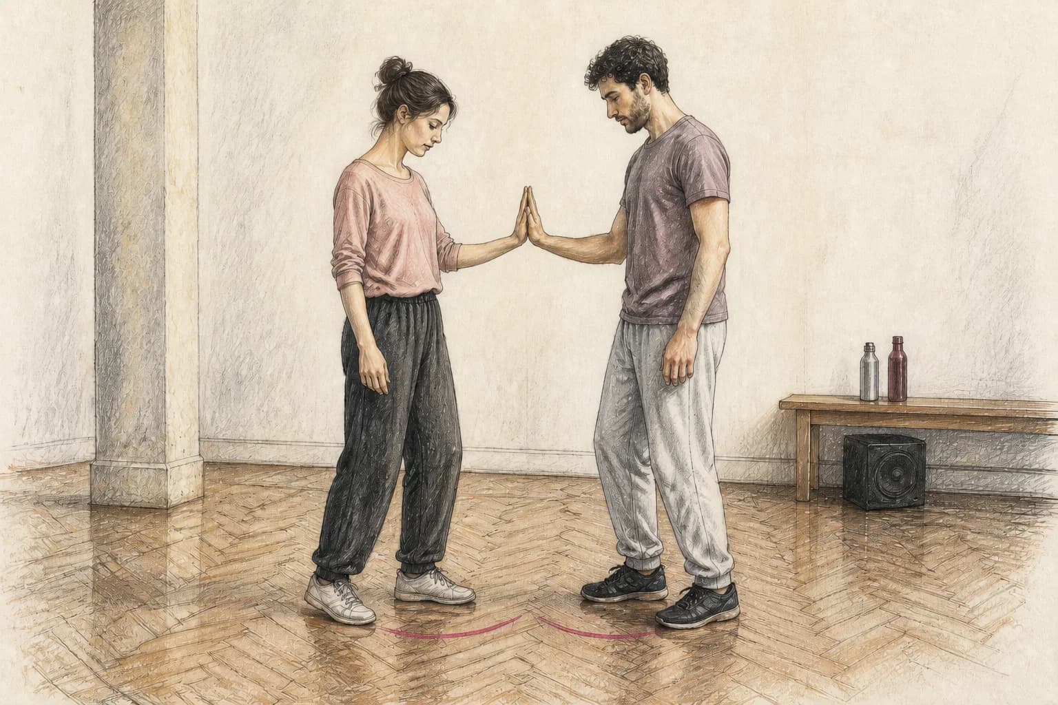 Illustrazione di una coppia che prova piccoli cambi di peso con un solo contatto fra le mani