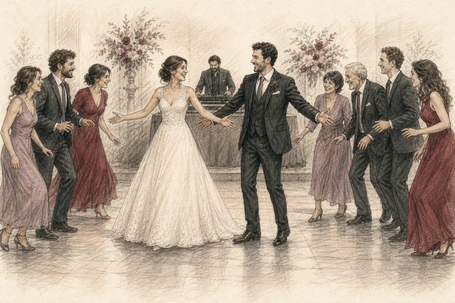 Illustrazione del finale di un medley: gli sposi aprono la pista e gli invitati si avvicinano