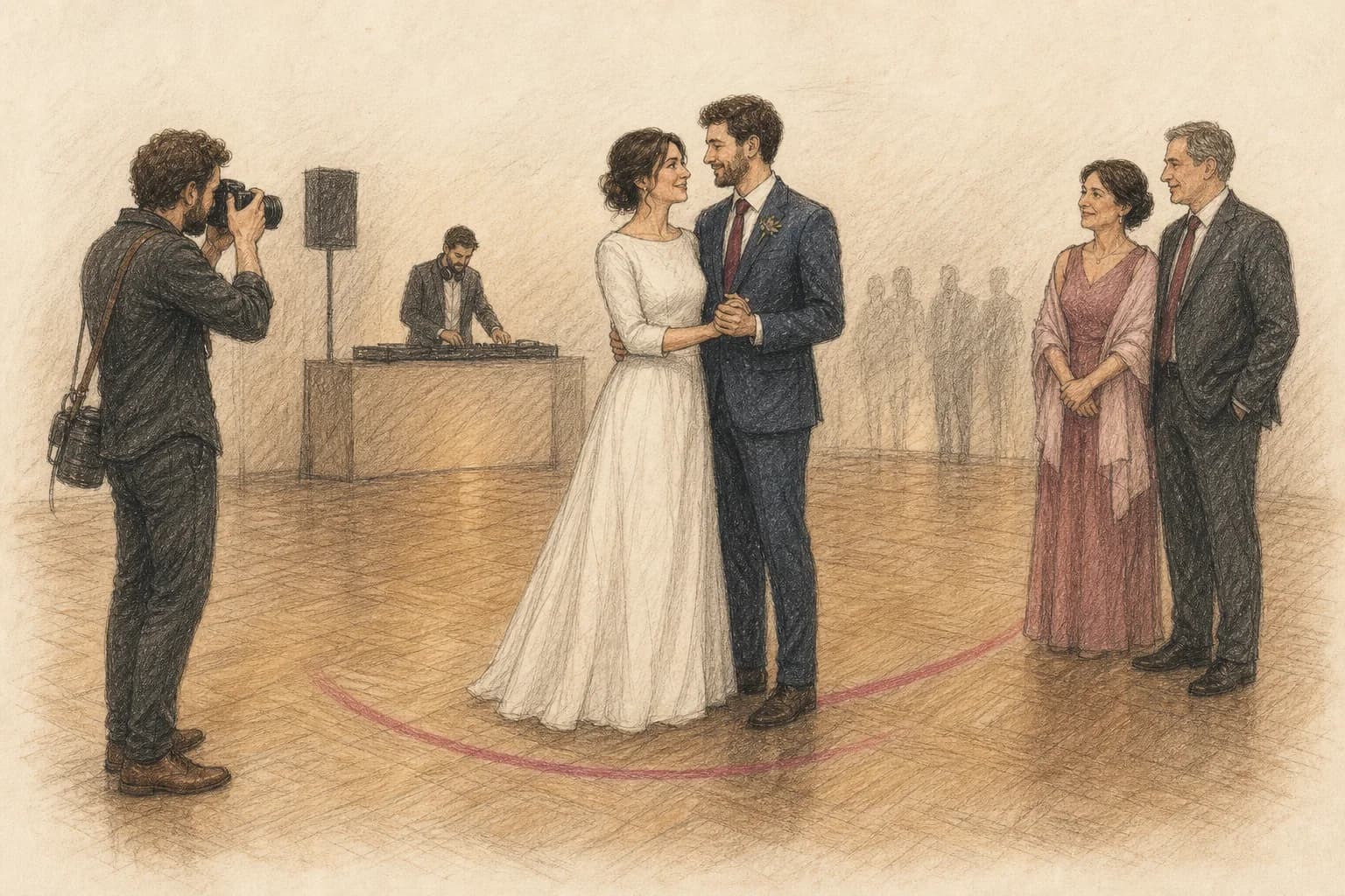 Illustrazione di una coppia che conclude il primo ballo in una posizione stabile mentre fotografa e DJ attendono la transizione