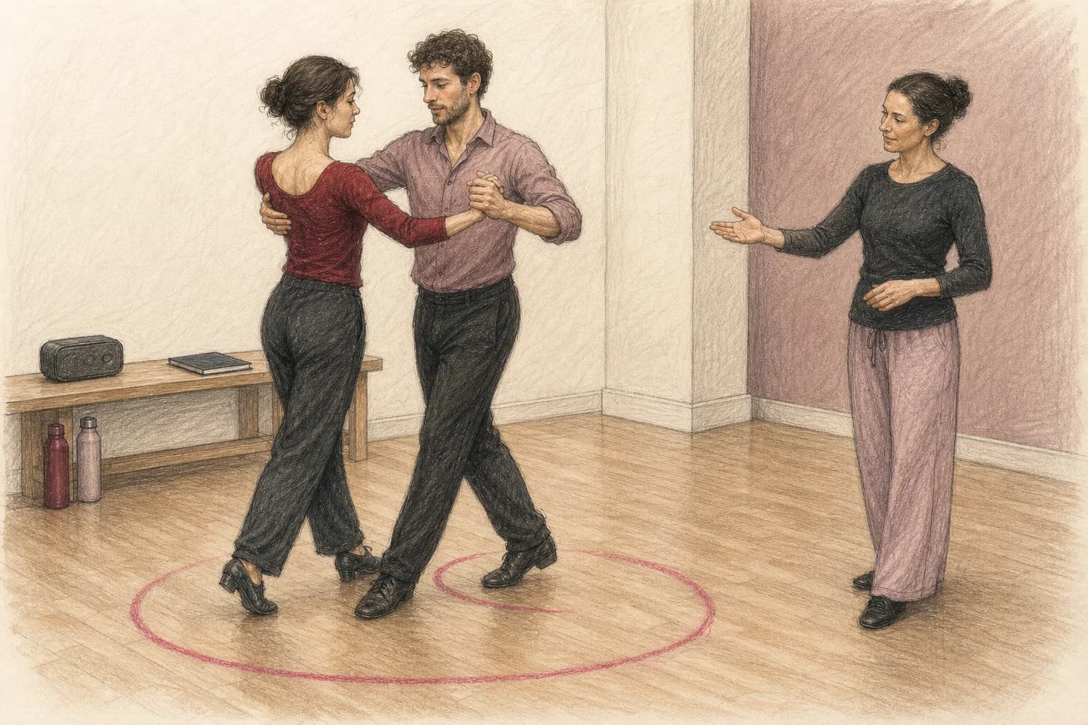 Illustrazione di una coppia e un insegnante che confrontano un ballo essenziale con una struttura più coreografata sulla stessa musica