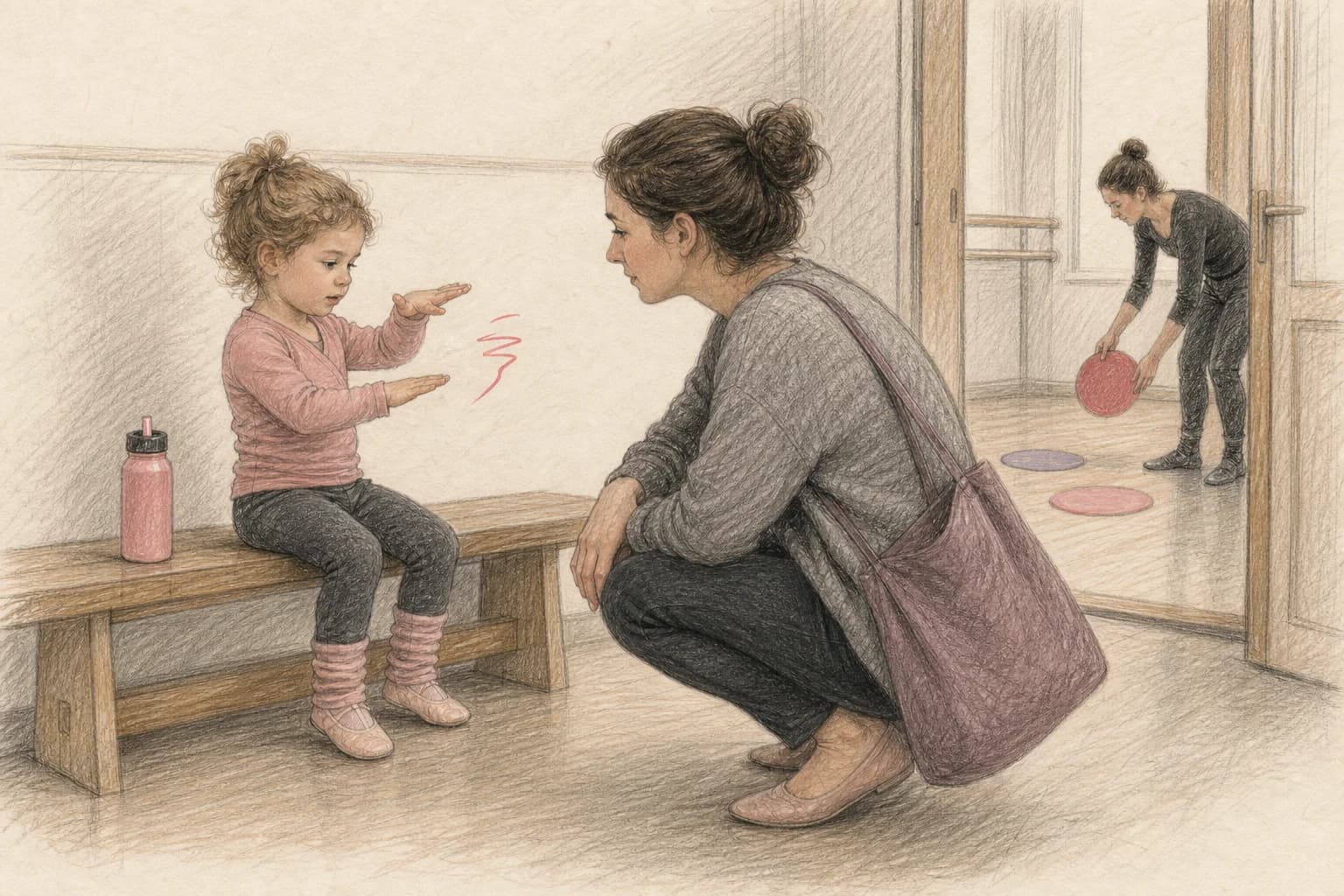 Illustrazione di un genitore e una bambina che ricordano con gesti la prima lezione appena conclusa