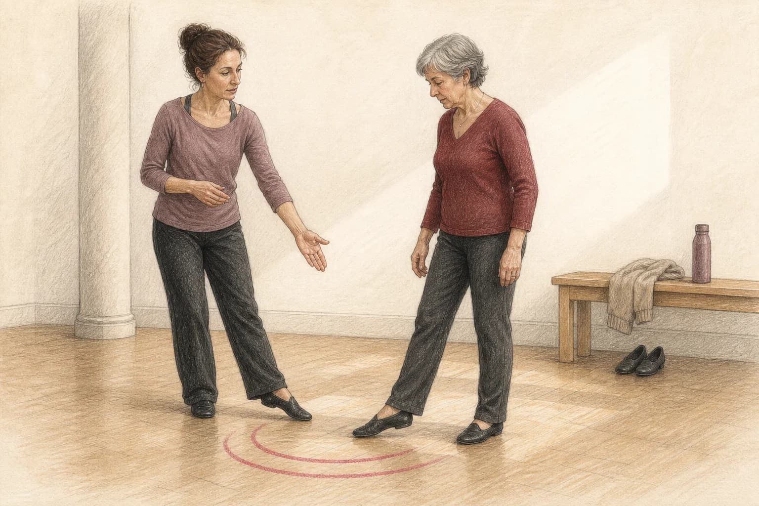 Illustrazione di un’insegnante che adatta un esercizio di base per una principiante adulta