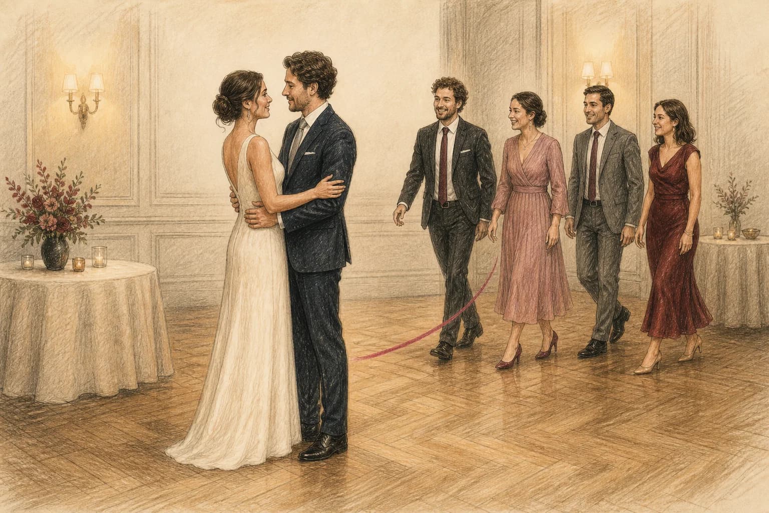 Illustrazione di una coppia che conclude il primo ballo mentre le persone care entrano ordinatamente in pista