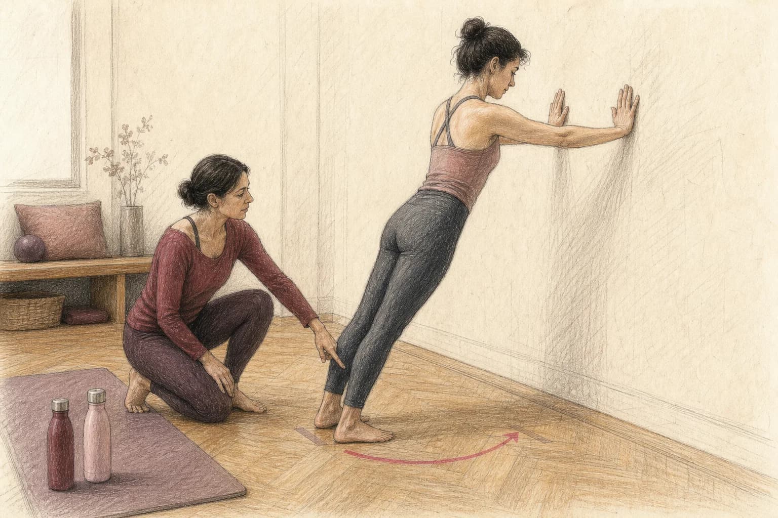 Illustrazione di un’insegnante che modifica la distanza dal muro per una partecipante durante Pilates