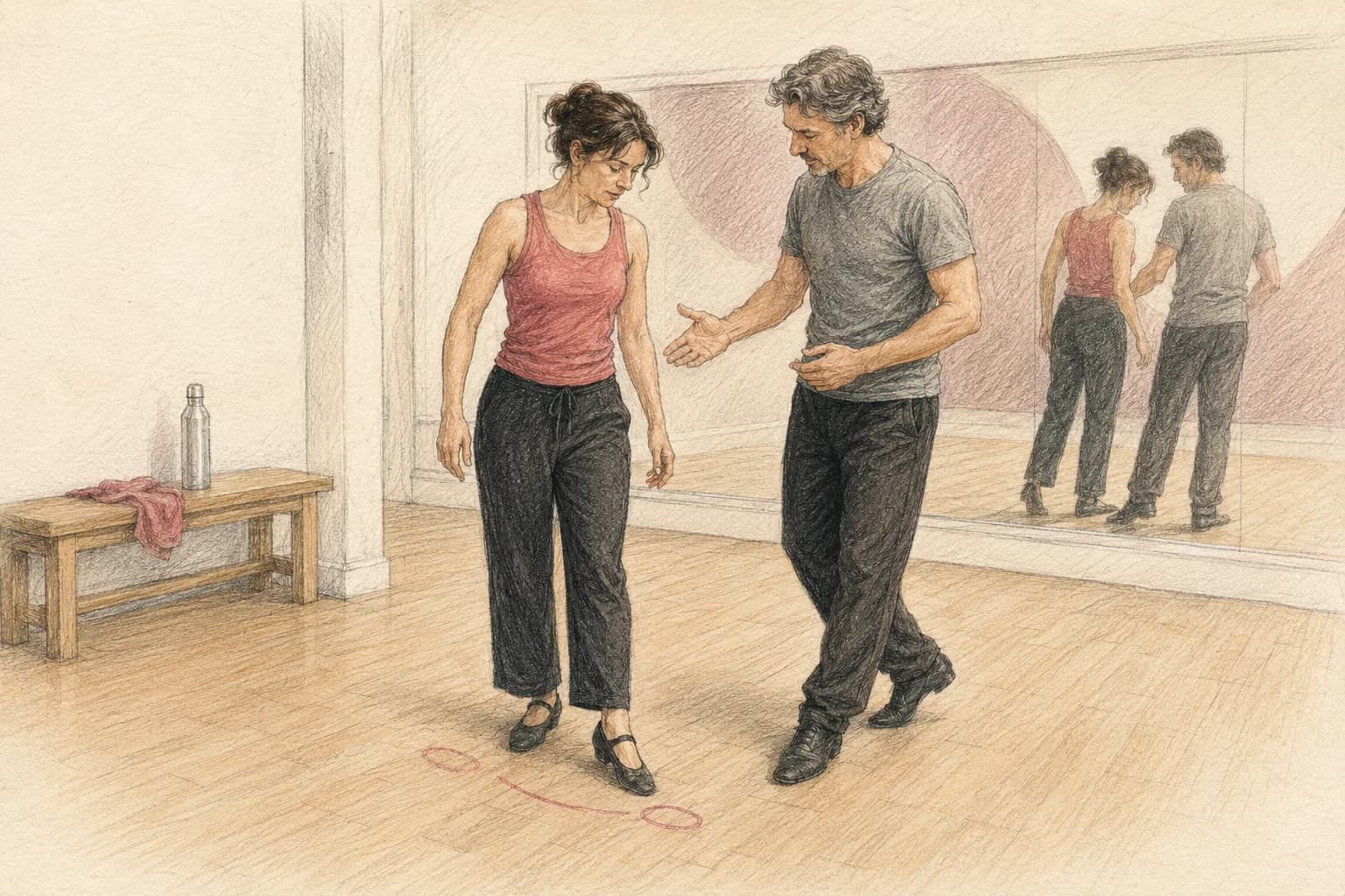 Illustrazione di un insegnante che dà un feedback individuale durante una lezione privata di ballo