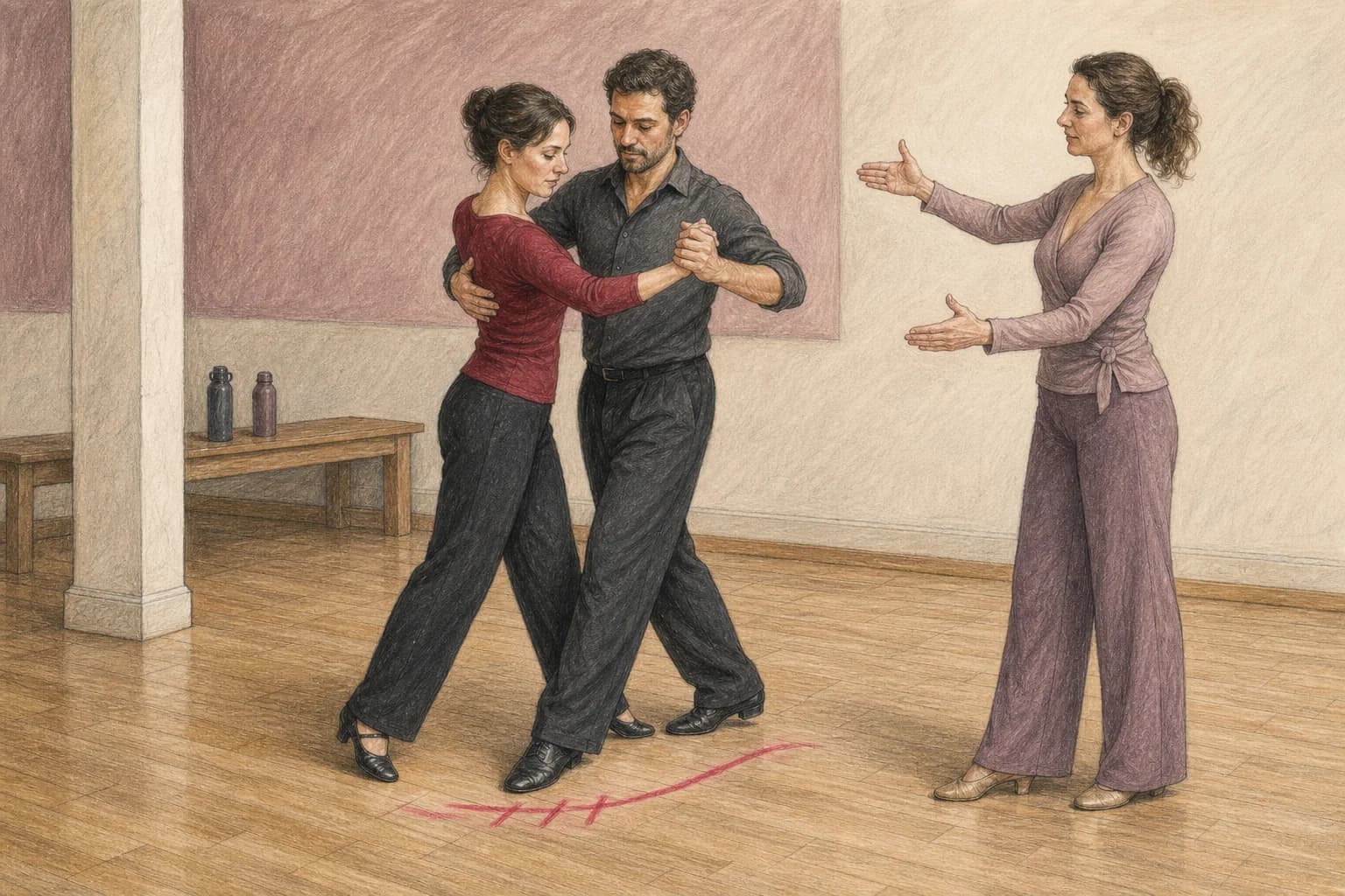 Illustrazione di una coppia che prova il frame del Tango Standard con un’insegnante