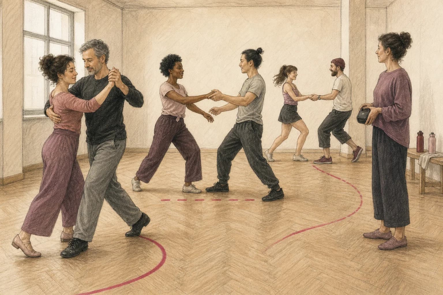 Illustrazione di una sala in cui piccoli gruppi distinguono famiglie di ballo attraverso musica, presa e uso dello spazio